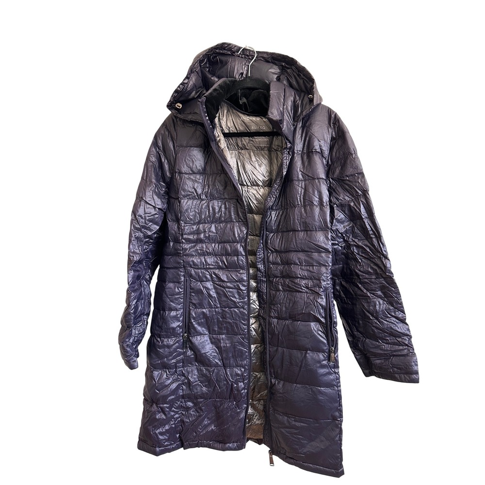 Andrew Marc Womens XL Navy Blue Packable Down Puffer Coat Hooded Parka Jacket